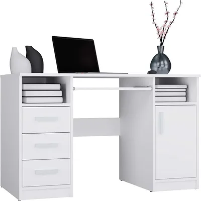 Produktbild von Delta Schreibtisch Weiss 120 Cm 3 Schubladen Schrank Regale Für Büro Zimmer