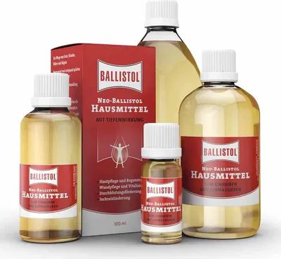 A collection of Ballistol Neo-Hausmittel bottles and a box arranged on a white background.