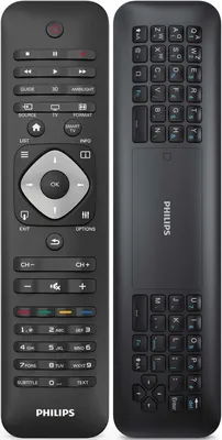 A black Philips TV remote control is shown from the front and back.