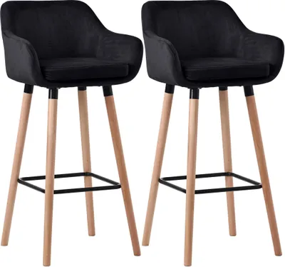 Two black bar stools with wooden legs are shown against a white background.