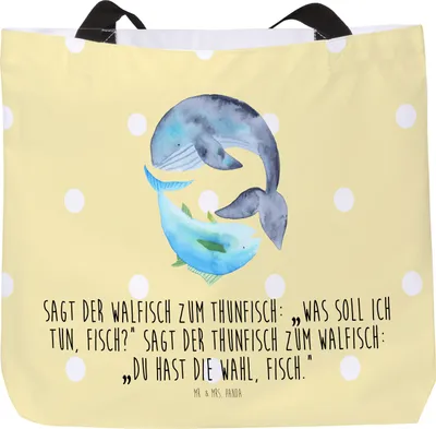 Produktbild von Mr. & Mrs. Panda Tote Bag Walfisch Thunfisch - Gelb Pastell - Geschenk, Spruch Des Tages, Reisetasche, Schultasche, Lustig, Tunfisch, Tasche, Strandtasche, Gute Laune