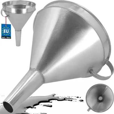A metal funnel is shown with a smaller funnel and a spill of liquid in the foreground.