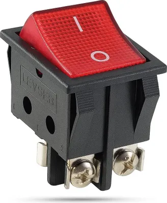 A close-up studio shot of a red and black rocker switch with silver screw terminals.
