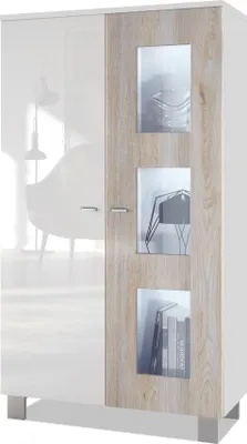 Produktbild von Vladon Vitrine Denjo,  Germany, Standvitrine mit 2 Türen und 3 Glaseinsätzen, Weiß matt/ Weiß Hochglanz/ Eiche Nordic inkl. LED-Beleuchtung (71 x 129 x 35 cm)