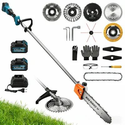 Produktbild von 2-IN-1 12 Zoll Akku-Hochentaster & Rasentrimmer | 2 AKKU 1380W 18800RPM 192cm/165°, 7 Klingentypen 150ml Kettenschmierölbehälter Astsäge Freischneider