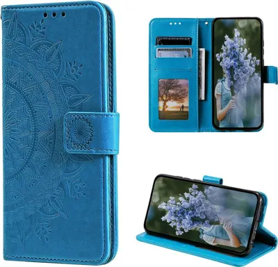 A collage of images showing a blue flip phone case with a mandala design, including a close-up of the case, the case open with a phone inside, and the case in a stand position.