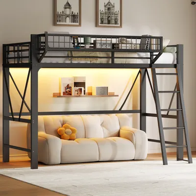 Produktbild von Hochbett 90x200, Aufbewahrungskorb, LED, Metall-Kinderhochbett (Schwarz)