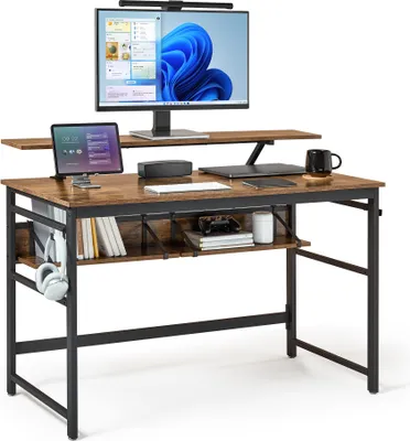 Produktbild von Mondeer Schreibtisch Computertisch mit Monitorständer und 2 Ablagen Eckschreibtisch Bürotisch Arbeitstisch Vintage Braun 120 x 60 x 90 cm