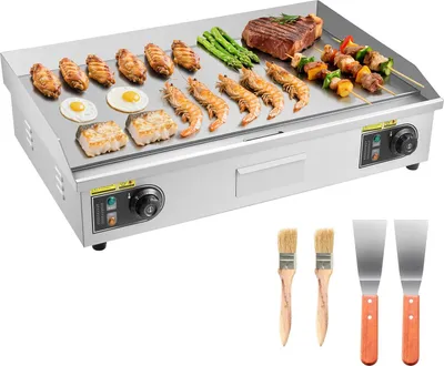Zdjęcie produktu dla Elektryczna płyta grillowa – profesjonalny grill stołowy Plancha – moc 4400 W – powierzchnia 72,5 x 40 cm – termostat 50–300 °C – z 2 łopatkami i 2 szczotkami – do steków, naleśników, burgerów