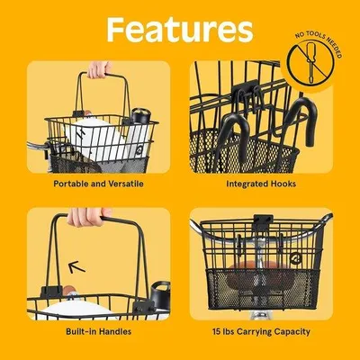 Productafbeelding van Fietsmand - Bagagedrager mand - Boodschappen vervoeren - Gereedschapsloze montage - 24 x 26 x 35 cm - Zwart