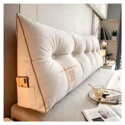 Produktbild von Großes Kopfteilkissen, Keilkissen, Nackenrolle, dreieckiges Kissen für das Bett, Rückenlehne, Positionierungskissen mit abnehmbarem Bezug (Beige, 150 cm)