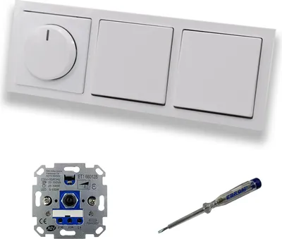Produktbild von REV Ritter LED Drehdimmer Dimmer + Busch Jäger Dimmerscheibe 6540-84-102 + 2 x Kreuzschalter 2000/7 US Future Linear Studioweiß glänzend inklusive EBROM Phasenprüfer zur Montage der Geräte ET1 66012B