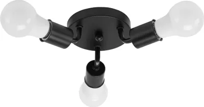 A black ceiling lamp with three light bulbs, shown against a white background.