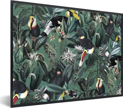 Produktbild von MuchoWow® Gerahmtes Poster Blumen - Vogel - Collage 80x60 cm - Poster mit Schwarzem Bilderrahmen Wandposter Rahmen Foto Bilder - Schwarzem - Mit Gestell