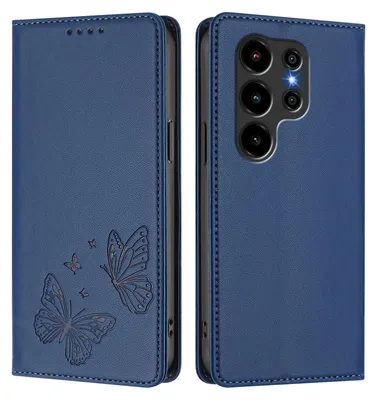 Produktbild von Lederhülle für Blackview Wave 10C, Schmetterling Prägung Leder Brieftasche Schutzhülle mit Ständer Dunkelblau