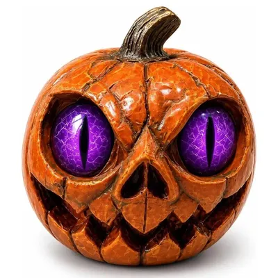 Immagine prodotto di Decorazione per Halloween: zucca in resina, design con occhi da gatto, decorazione da tavolo a tema horror, 8x8x10 cm. Decorazione per feste: colore viola