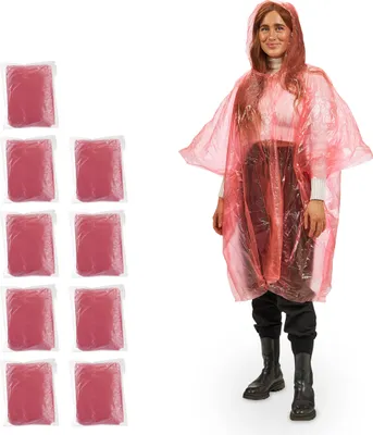 Produktbild von Relaxdays Regenponcho Einweg, 10er Set, Einmal Regencape mit Kapuze, für Erwachsene, Notfallponcho Damen & Herren, rot