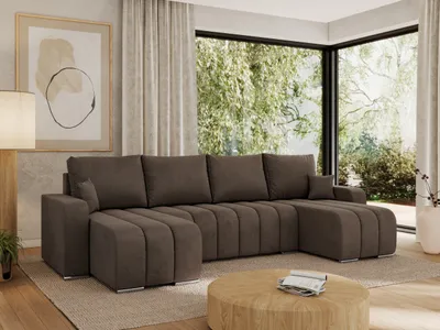 Produktbild von MKS MEBLE Sofa mit Schlaffunktion - Ecksofa mit Schlaffunktion und Bettkasten - Sofa 5 Sitzer - Schlafsofa - Couch - Schlafsofa mit Bettkasten - Kirasso U -Braun Velvet
