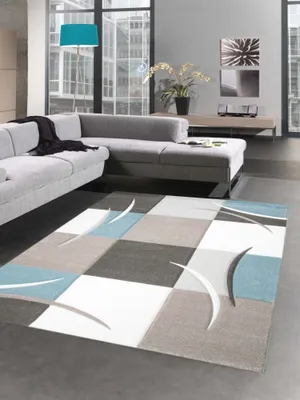 Image de Tapis design Karo Pastell bleu crème marron taupe Taille - 80 x 300 cm