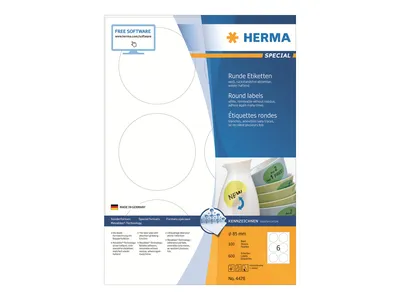 Image de HERMA Étiquettes A4 blanches rondes 85 mm, amovibles, 600 pièces