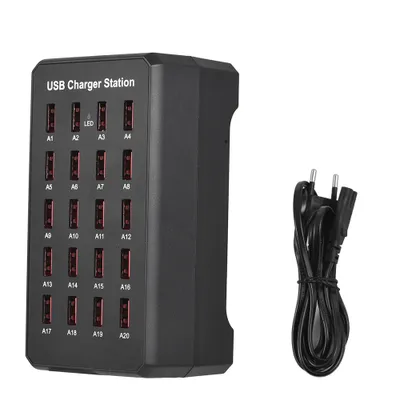 A black USB charger station with multiple ports and a power cord on a white background.