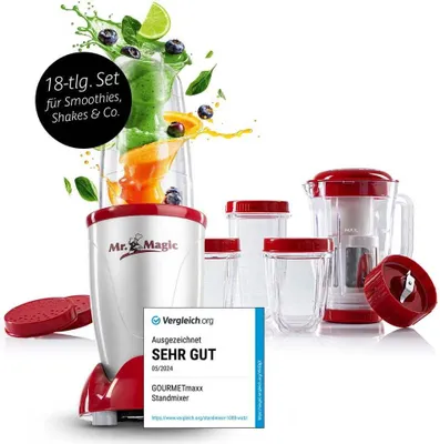 Zdjęcie produktu dla Gourmetmaxx Mr. Magic, Blender stołowy, 0,75 l, Rozgniatacz do lodu, 1,2 m, 400 W, Czerwony, Srebrny