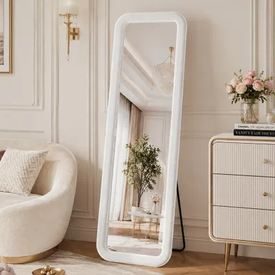 Productafbeelding van INONEFT High-Definition spiegel voor het hele lichaam, 160 x 50 cm, vierkant, met metalen voet, gehard glas, ideaal voor kleedkamers, wit