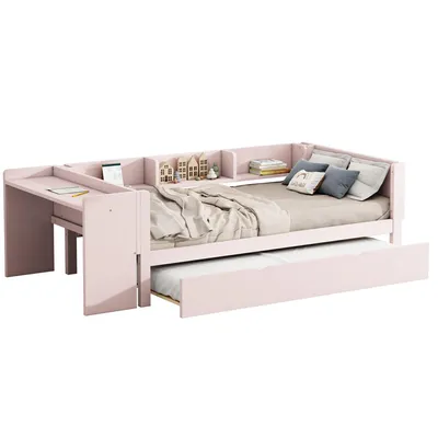 Produktbild von Jugendbett mit Ausziehbett, Lattenrost, Schreibtisch, Regal, 90x200cm, Einzelbett, Kinderbett, Holzbett