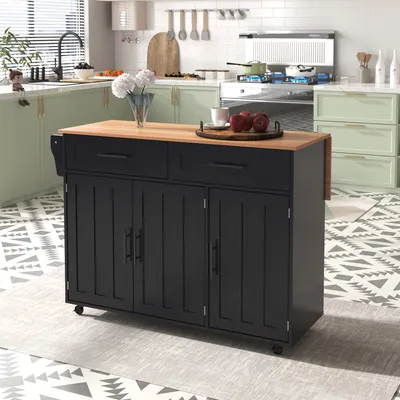 A black kitchen island with a wooden top is shown in a kitchen setting.
