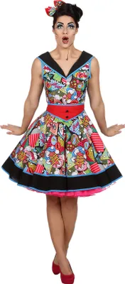A woman wearing a pop art style dress.