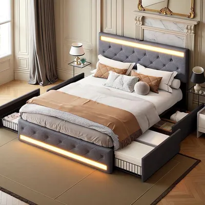 A bedroom scene featuring a modern bed with integrated lighting and storage.