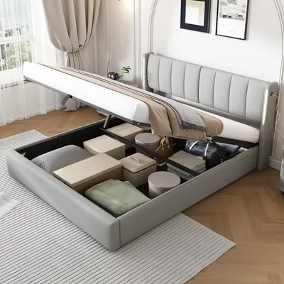 Zdjęcie produktu dla Łóżko tapicerowane 160 x 200 cm z listwami i schowkiem – stelaż z oświetleniem LED i portem USB – hydrauliczne łóżko podwójne z szarej skórypoliuretan – nośność 300 kg – cicha praca