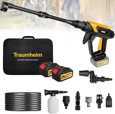 Produktbild von Akku Hochdruckreiniger Kabellos, 2×4000mAh Akku (8000mAh), Entfernt Schmutz & Öl Mühelos, 6-in-1 Düse + Rotationsdüse, 17-tlg Set für Auto, Garten & T