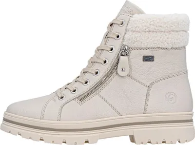A side view of a white winter boot with laces and a zipper.