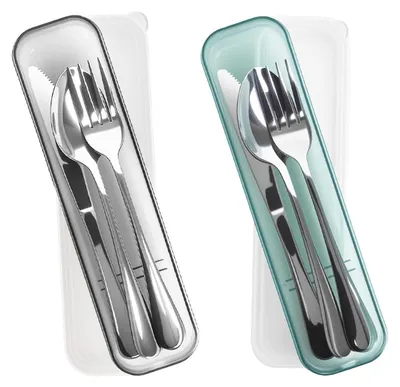 Obrázek produktu pro Kempingový příbor - Sada pro 2 osoby - Nerezová ocel - Cestovní příbor v pouzdře - 20,5 x 5,5 x 2,5 cm