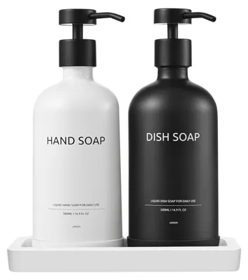Produktbild von Nachfüllbarer Seifenspender Glas 500ml mit Tablett Schwarz/Weiß
