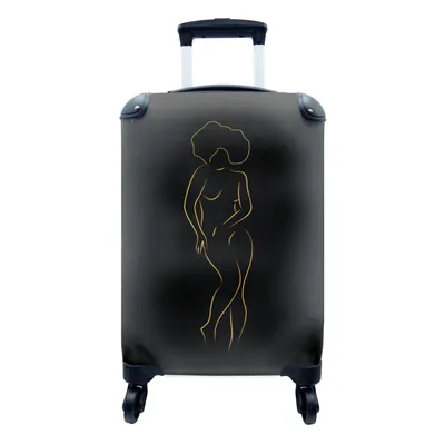 Produktbild von MuchoWow® Koffer Handgepäck Trolley Rollkoffer Kleine Reisekoffer mit 4 Rollen - Frau - Gold - Schwarz - Strichzeichnung - Cabin Size < 55x40x23 cm & 55x40x20 cm - Fotokoffer - Kabinenkoffer - Boardgepäck - Reise-Box - Reisekoffer - Reisegepäck - Koffer mit Bild - Trolley für Kinder