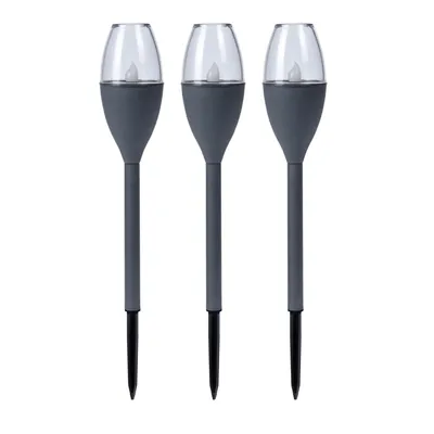 Three solar garden lights with a flame-like LED light.