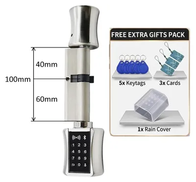 Zdjęcie produktu dla Inteligentny cylinder zamka - C001C - 100 mm - Bluetooth - Sterowanie za pomocą aplikacji, karta RFID i kod - IP68 - Automatyczne zamykanie - Srebrny