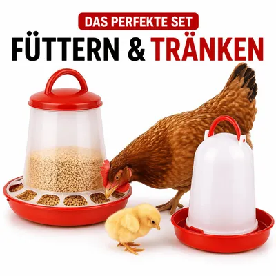 Produktbild von Futterautomat + Tränke Set Futterspender Trinknapf Hühnerstränke Geflügel Hühner
