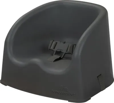A dark gray booster seat for babies and toddlers.