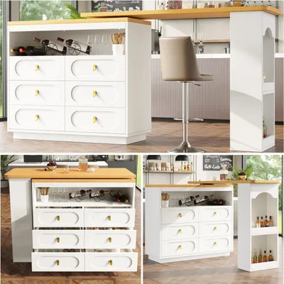 Produktbild von Bartisch ausziehbar 138-203cm, 360° drehbarer Stehtisch mit 6 Schubladen & Snack-Regal, moderner Küchentisch, Schreibtisch & Bar, Weiß