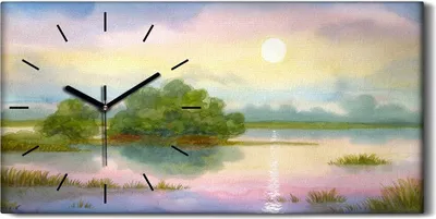 Produktbild von Wanduhr Uhr Wandbild Leinwand 60x30 Aquarell Natur Baum Sonnenuntergang - schwarze Hände