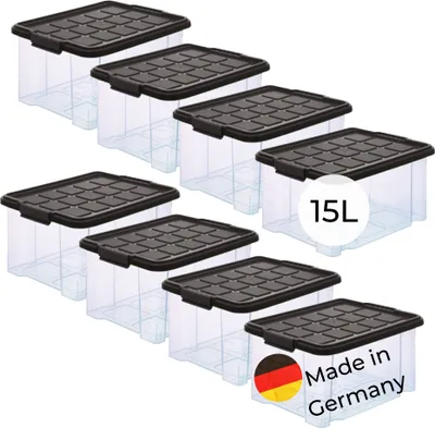 Produktbild von Novaliv 8x Aufbewahrungsboxen mit Deckel 15L Anthrazit Nestbar stapelbare Storage boxes mit Clipverschluss Kunststoffbox BPA-frei 41 x 29 x 20 cm
