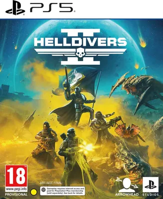 Cover art for the video game Helldivers 2, showing soldiers in combat on an alien planet.