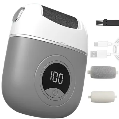 Produktbild von Elektrischer Fußhornhautentferner, USB, mit Display, 3 Schleifköpfen, 2 Geschwindigkeiten, Fußpflegegerät für Fersen und glatte Haut, grau