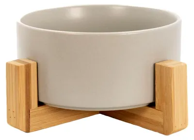 Produktbild von Keramischer Futternapf mit grauem Gestell - Gesamtmaße 20,5 x 8,5 cm - Napfmaße 15,5 x 6,5 cm - Füllmenge 800 ml - Fressnapf und Trinknapf für Hunde und Katzen mit Bambushalter