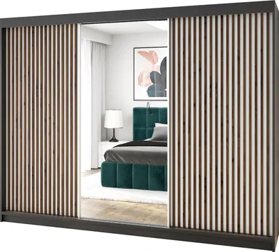 Produktbild von Schwebetürenschrank, 3-türig Schrank mit 4 Schubladen, und Spiegel 3D-Lamellen Premum! Moderne Garderobe für Kleidung. Verschiedene Farben (Weiß, Schwarz, Somona) Kleiderschrank FARA 200 cm