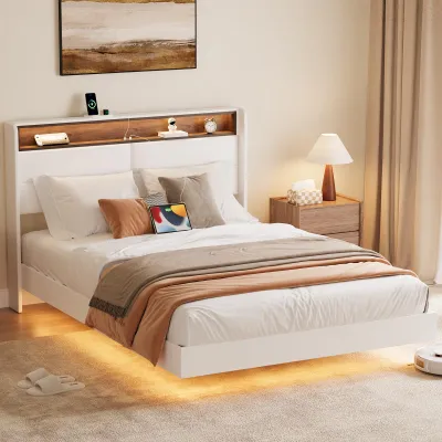 Produktbild von Polsterbett 140x200cm, Jugendbett Doppelbett Schwebebett mit RGB LED Beleuchtung, USB-C Ladefunktion & Stauraum Kopfteil
