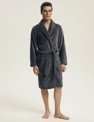 Immagine prodotto di Accappatoio/vestaglia da bagno elegante e morbida per uomo, di colore grigio scuro, con colletto rifinito e cintura in tessuto, taglia L
